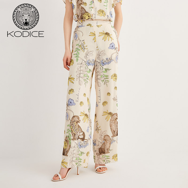 KODICE夏季新款印花直筒长裤春夏季拉链雪纺文艺阔腿休闲裤子女裤