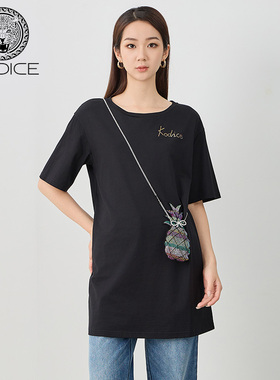 kodice夏季新款女黑色纯棉圆领烫钻宽松T恤短袖上衣时尚附链条包