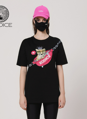 kodice春夏新款黑色纯棉豹子印花钉珠T恤圆领短袖上衣休闲女装