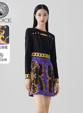 KODICE连衣裙秋季新款女装圆领长袖复古印花修身气质优雅小黑裙子