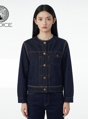 kodice春夏新款蓝色棉质圆领单排扣牛仔上衣长袖短款外套气质时尚