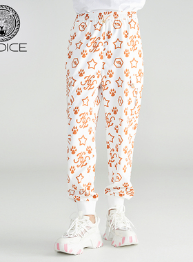 kodice新款白色印花拼色松紧腰休闲裤收脚长裤子女裤运动裤时尚