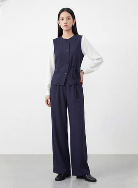 kodice2026春新款蓝色棉质撞色拼接圆领上衣宽松直筒裤子两件套装