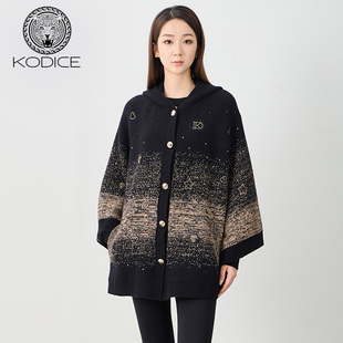 kodice秋冬新品 女装 黑色连帽渐变烫钻钉珠宽松斗篷针织外套开衫