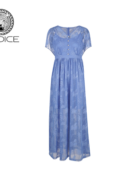 kodice夏季新款蓝色刺绣网纱连衣裙子V领收腰短袖时尚气质女装