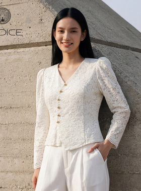 kodice春季新款白色镂空透视蕾丝衬衫v领长袖衬衣上衣内搭吊带衫