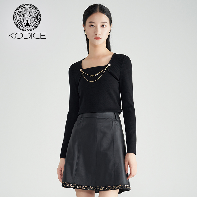 KD女纯色方领长袖羊毛针织衫