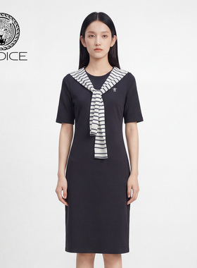 kodice春夏新款藏蓝色条纹披肩圆领棉质连衣裙子收腰短袖气质时尚