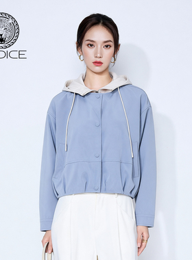 kodice2026春新款拼色连帽假两件拉链外套短款廓形时尚百搭气质女