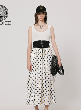 kodice春夏新款白色拼接印花连衣裙子收腰无袖腰封时尚气质女装