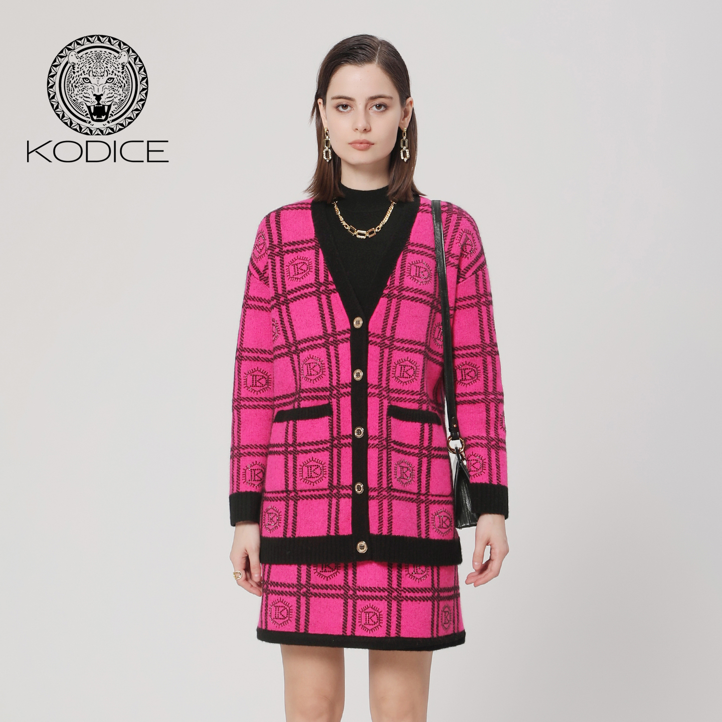 kodice小香风玫红格纹针织开衫