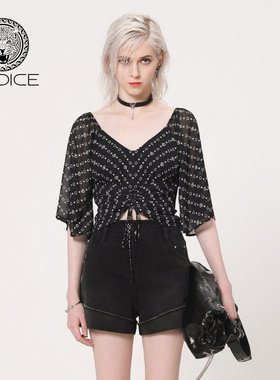 kodice春夏新款黑色印花大V领雪纺上衣短款抽绳收腰时尚气质女装