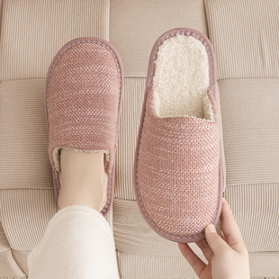 高颜值冬季 保暖棉拖秋冬居家用平软底防滑防臭情侣男女新棉麻拖鞋