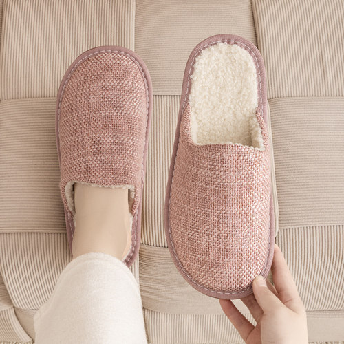 高颜值冬季保暖棉拖秋冬居家用平软底防滑防臭情侣男女新棉麻拖鞋