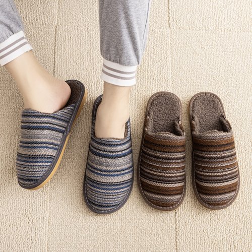 居家棉麻拖鞋男保暖平厚底防滑臭冬季女时尚欧式情侣女木地板棉拖