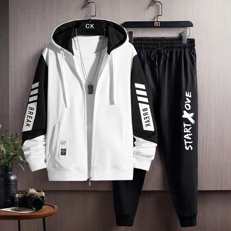 남성 카디건 스웨트 셔츠 봄 가을 2022 새로운 대비 컬러 스티치 후드 재킷 잘 생긴 매칭 슈트 세트