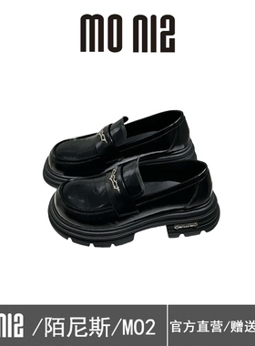 MONIZ陌尼斯英伦风厚底乐福鞋女黑色漆皮金属扣一脚蹬百搭小皮鞋