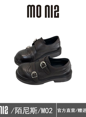 MONIZ陌尼斯2026新款英伦风真皮布洛克鞋女圆头搭扣复古小皮鞋女