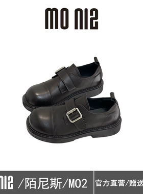 MONIZ陌尼斯英伦风布洛克鞋女黑色皮带扣圆头小皮鞋百搭牛津鞋女