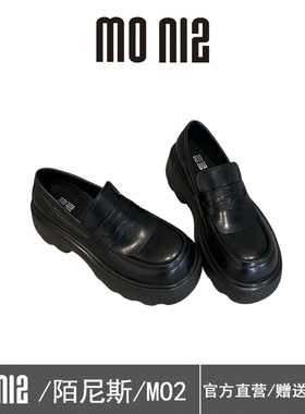 MONIZ陌尼斯2026英伦风圆头粗跟乐福鞋女一脚蹬小皮鞋黑色单鞋女