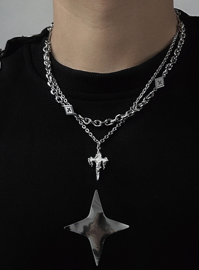 项链男火焰吊坠双层叠戴嘻哈ins潮牌小众设计感高街美式嘻哈菱形