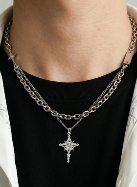 十字星芒镶钻十字架叠戴项链男生小众设计ins百搭潮牌锁骨链百搭