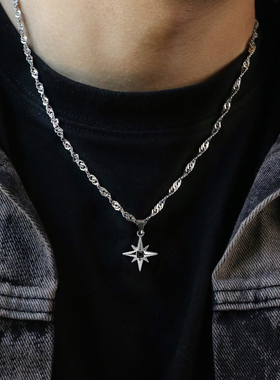 欧美波浪链黑蓝星芒吊坠钛钢项链男嘻哈小众设计不掉色高级感潮牌