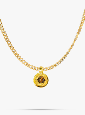 欧美复古黄虎石圆牌金色古巴项链男虎眼吊坠钛钢高级感轻奢锁骨链