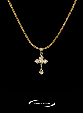 钛钢金色满钻十字架男士锁骨链