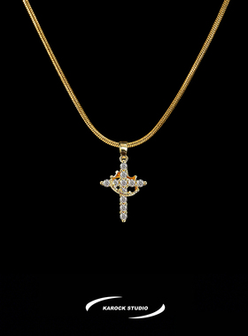 金色王冠满钻十字架钛钢锁骨链