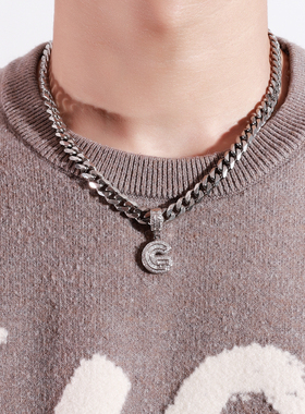 定制姓名镶钻字母R古巴项链男吊坠情侣潮牌女毛衣礼物配饰锁骨链