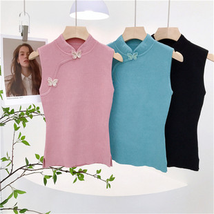 复古国风温柔削肩旗袍领蝴蝶结收腰显瘦开叉内搭针织背心上衣女装