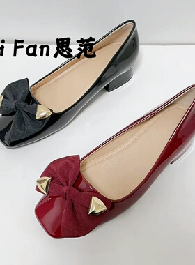 Si Fan思范单鞋女2026春秋新款百搭瓢鞋女鞋中跟粗跟红色方头婚鞋
