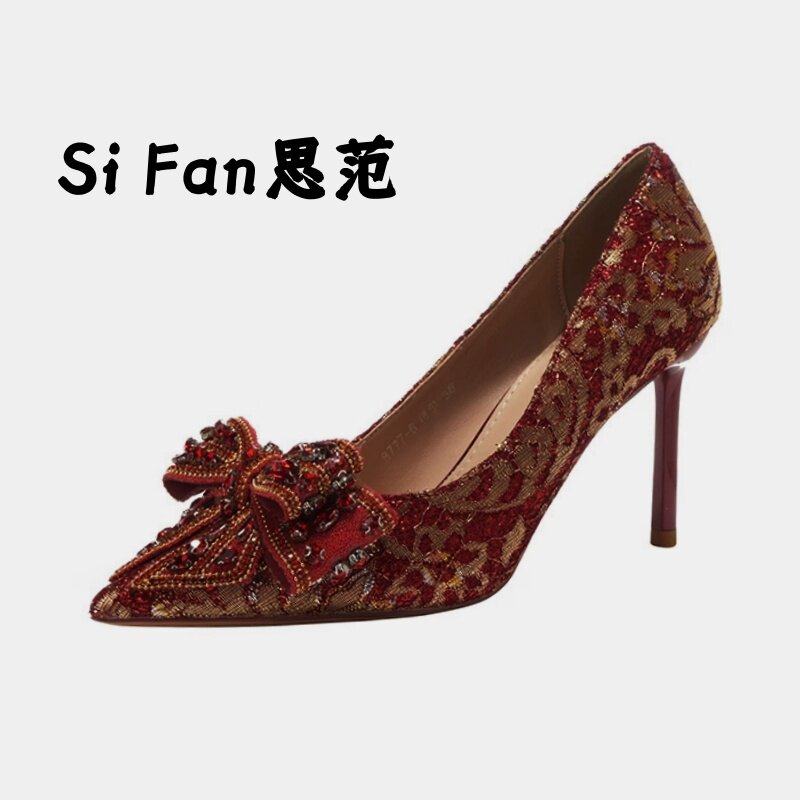 Si Fan思范 喜庆红色秀禾婚鞋新娘鞋不累脚中式敬酒尖头高跟鞋女