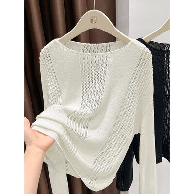 纯色镂空针织T恤女长袖春