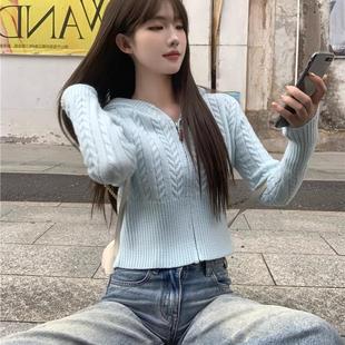 女秋冬韩系慵懒拉链毛衣外套收腰短款 温柔风麻花连帽针织开衫 上衣