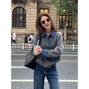 牛仔拼接假两件针织衫女秋冬季POLO领复古宽松套头长袖打底毛衣女