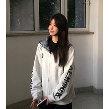 美式复古豹纹字母刺绣连帽卫衣男女秋冬加绒加厚宽松上衣外套衫