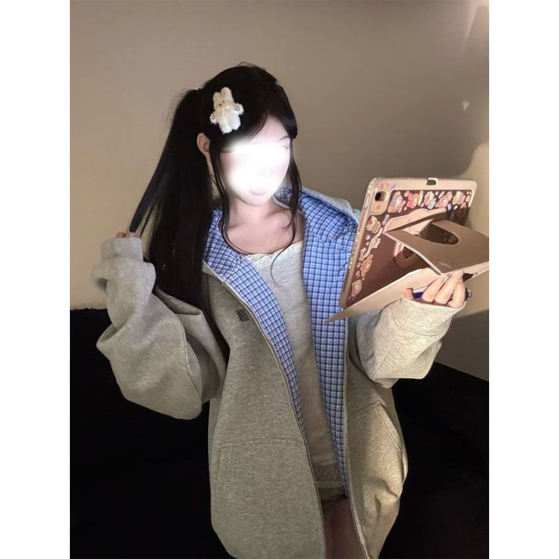 国潮美式格子拼接连帽卫衣开衫减龄甜美男女学生宽松加绒百搭外套