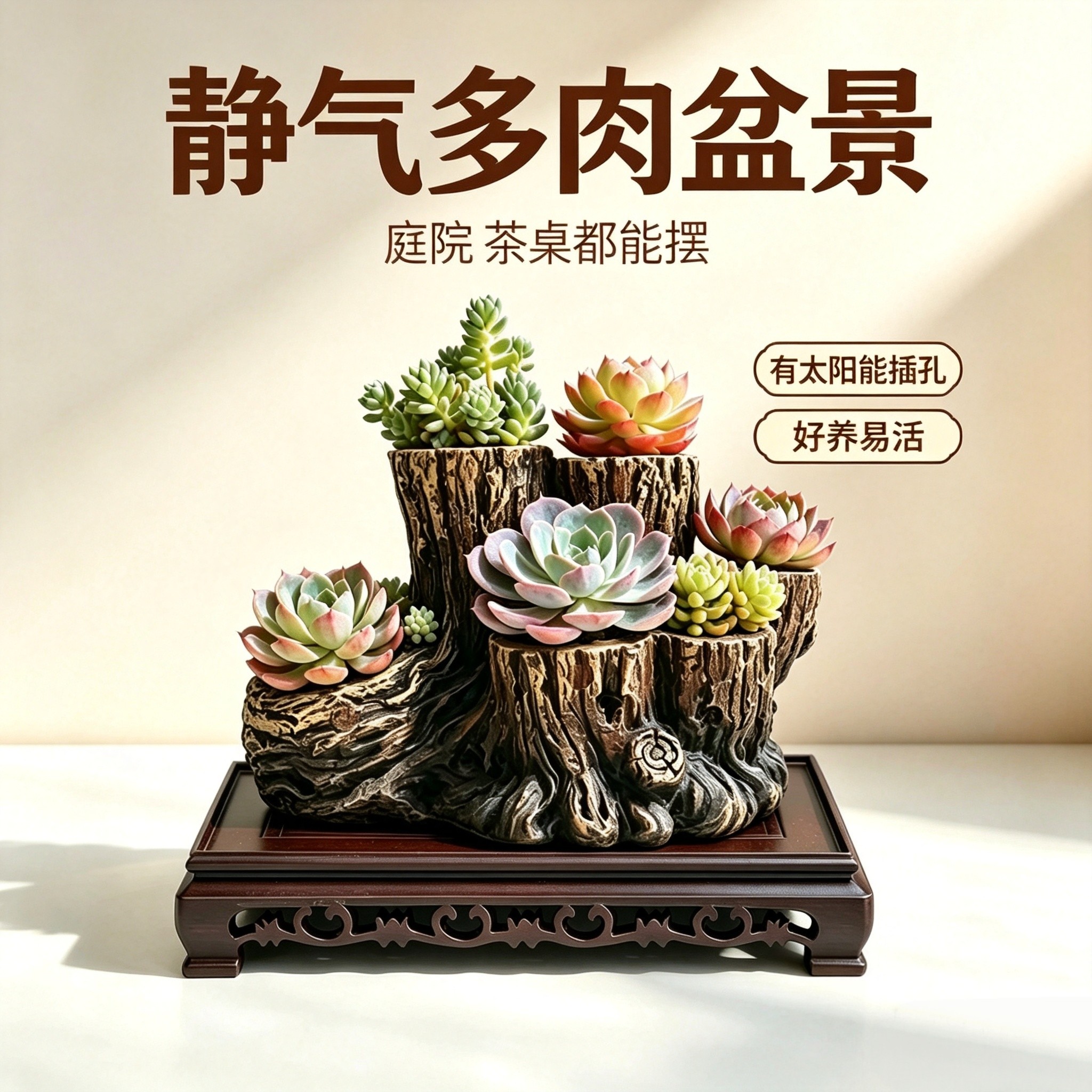 树脂多层树桩花盆带托盘一体家用图片