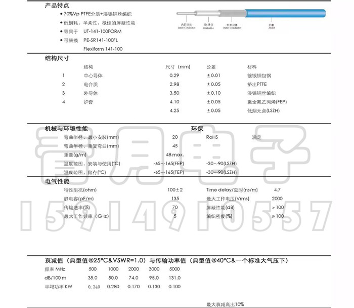 141耐高温RG402同轴半柔线100欧