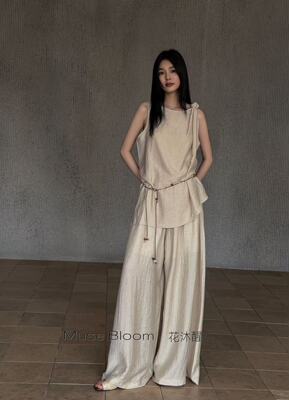 广州2026花沐醒斜肩亚麻上衣直筒阔腿裤两件套肩带独特亚麻套装