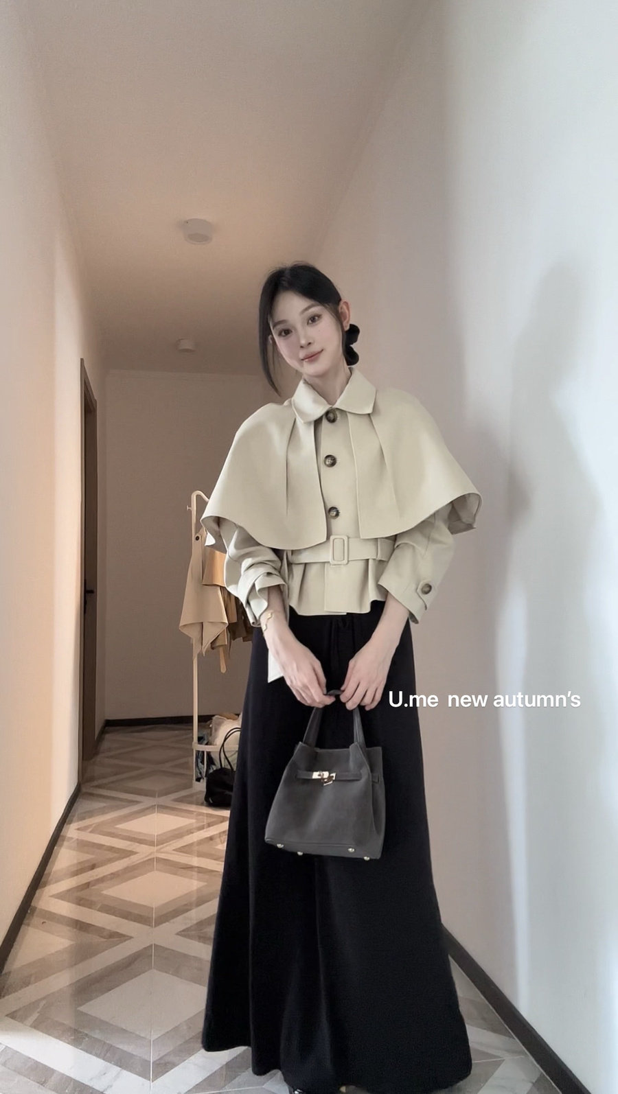 U.me广州韩版斗篷风衣女中长款西装领系带收腰显瘦通勤外套
