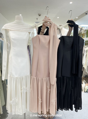 广州U.me高级感拼接网纱绣花抹胸连衣裙女2026夏气质飘带吊带长裙