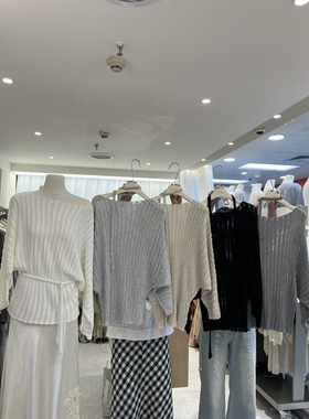 广州2026U.me镂空大袖口毛衣女罩衫慵懒一字肩宽松薄款套头针织衫