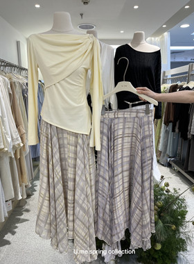 广州U.me复古格纹印花大摆不规则半身裙2026春新款裙子