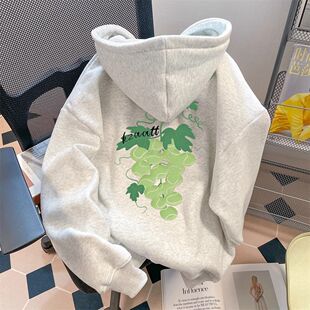 银狐绒韩版百搭葡萄印花连帽卫衣男女学生宽松ins秋冬季加绒外套