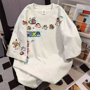 ins半袖 T恤男女百搭夏季 上衣 设计感蜡笔小新印花短袖 重磅纯棉美式