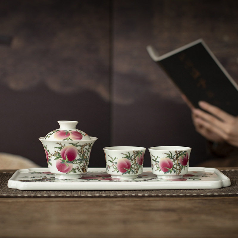粉彩寿桃茶具套装悬停盖碗一碗二杯家用复古陶瓷功夫茶具伴手礼品