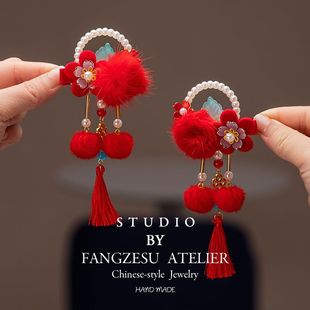 秋冬新款儿童喜庆拜年服发饰喜庆红粉色古风小女孩毛绒流苏发夹